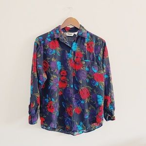 ILIO | Women’s Vintage Floral Cottage Black Button Down Rayon Size Medium EUC